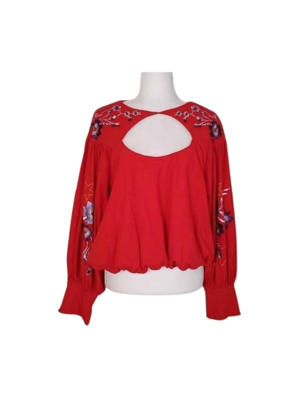 NWT Free People Embroidered Red Keyhole Peasant Blouse